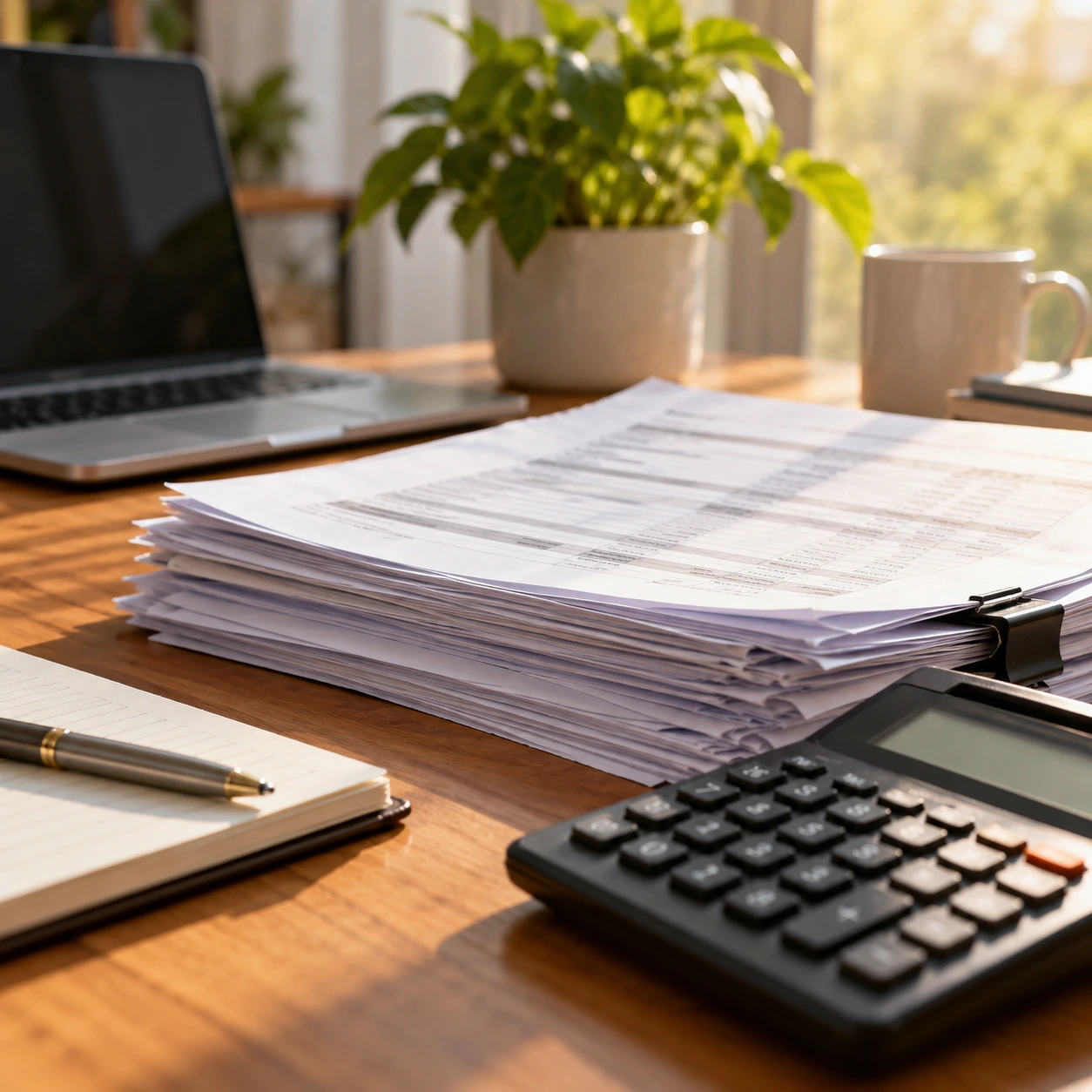 Papeles, calculadora y computadora sobre una mesa de oficina