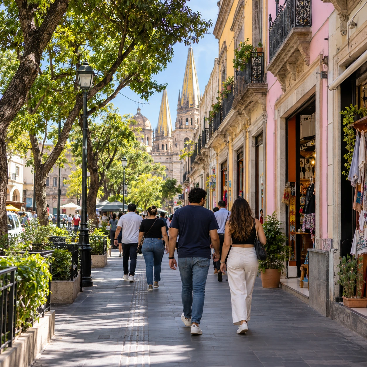 Zona comercial con comercios y peatones